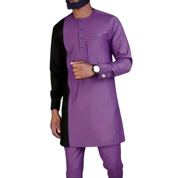 African Formal Dashiki Vibrant Purple Shirt & Pant Suit Traditional Dress Outfit - Picture 2 of 7